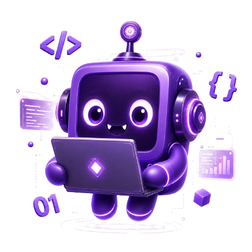 Cloudy, the purple StorageClouds programming mascot holding a laptop