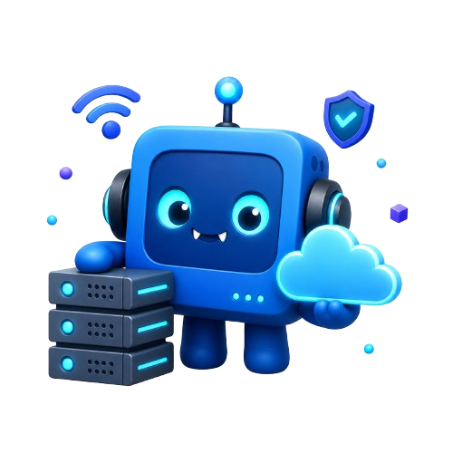 Cyan and white IT monster holding a cloud and server box