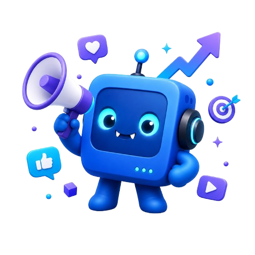 Purple and blue marketing monster holding a megaphone