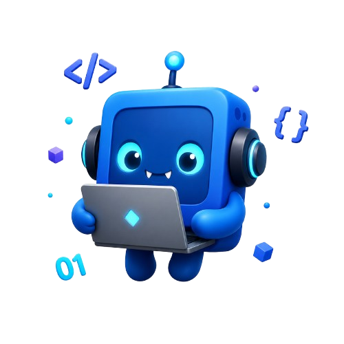 Blue programming monster holding a laptop